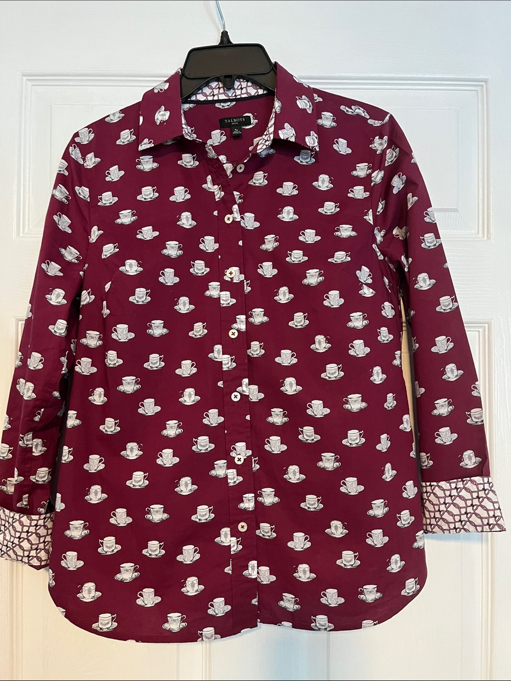 Talbots Burgundy Tea Cup Print Button-Down Shirt